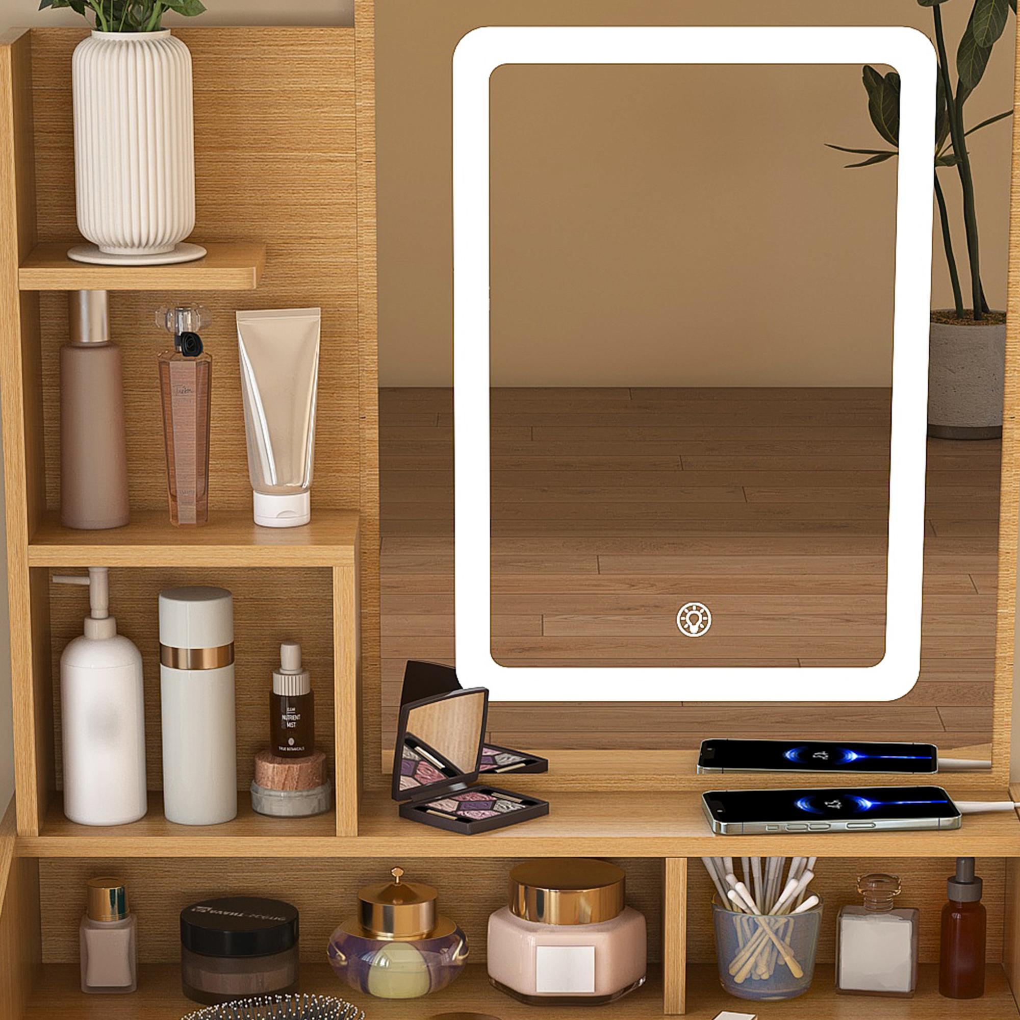 Vanity Table with LED-Illuminated Mirror, Power Outlet, Hairdryer Holder & Stool – Compact Dressing Desk for Small Bedrooms(Wood)