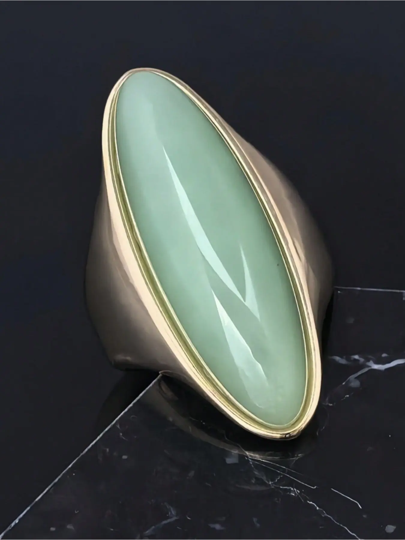 Vintage Golden Plated Marquise Green Stone Ring for Women, Golden Oval Green Jade Statement Ring, Elegant Minimalist Jewelry Gift for Her, Skinny Jade Ring, C Ring
