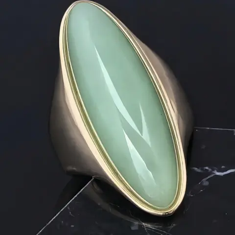 Vintage Golden Plated Marquise Green Stone Ring for Women, Golden Oval Green Jade Statement Ring, Elegant Minimalist Jewelry Gift for Her, Skinny Jade Ring, C Ring