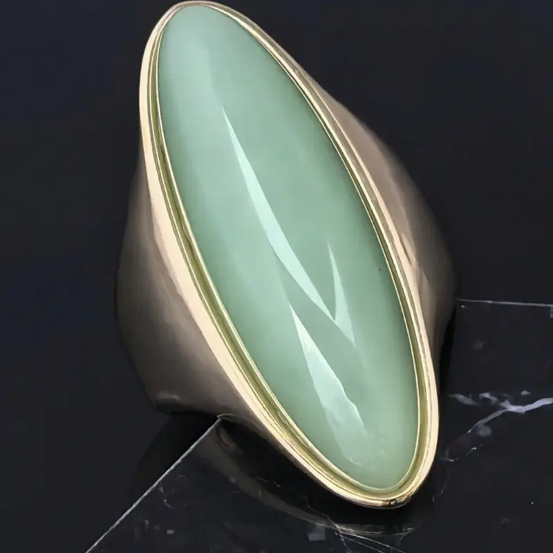 Vintage Golden Plated Marquise Green Stone Ring for Women, Golden Oval Green Jade Statement Ring, Elegant Minimalist Jewelry Gift for Her, Skinny Jade Ring, C Ring