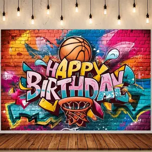 1pc Basketball Birthday Party Banner - Large Happy Birthday Backdrop Decoration with Graffiti Hoop Design, Orange/Pink/Blue/Purple/Black/teal Colors - for Basketball-Themed Parties, Photo Booths,