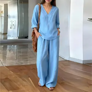 Women's Euro-American Style Solid-Color V-Neck Long-Sleeve 2-Piece Top & Trousers Set, Trendy New Fashion