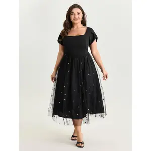 BLOOMCHIC Plus Size Star Embroidered Square Neckline Midi Dress [M-6X]2026 Summer Vibes Swimweek