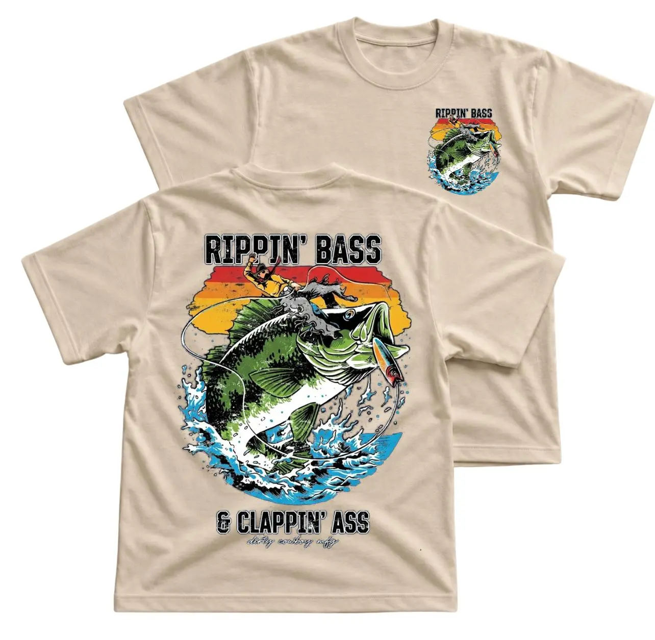 [SALE 60%]Fishing Rippin Bass Funny Angler T-Shirt, Bass Fishing Graphic Tee, Big Fish Lure Splash Retro Sunset Shirt, Front Chest Logo And Large Back Print Tee Vintage, Shirt, Sweatshirt, Hoodie