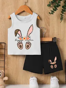 Boys Summer Fashion Creative Set, Leopard Rabbit Ears Print Tank Top + Casual Comfortable Shorts, Unisex Kids Clothing Gift