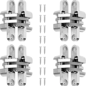 4 Pcs Stainless Steel 180° Hidden Door Hinges, Invisible Cross & Swivel Hinges with 16 Screws, Modern Furniture Cabinet Hardware, Anti-Rust Corrosion Resistant Hinges for Doors & Cabinets