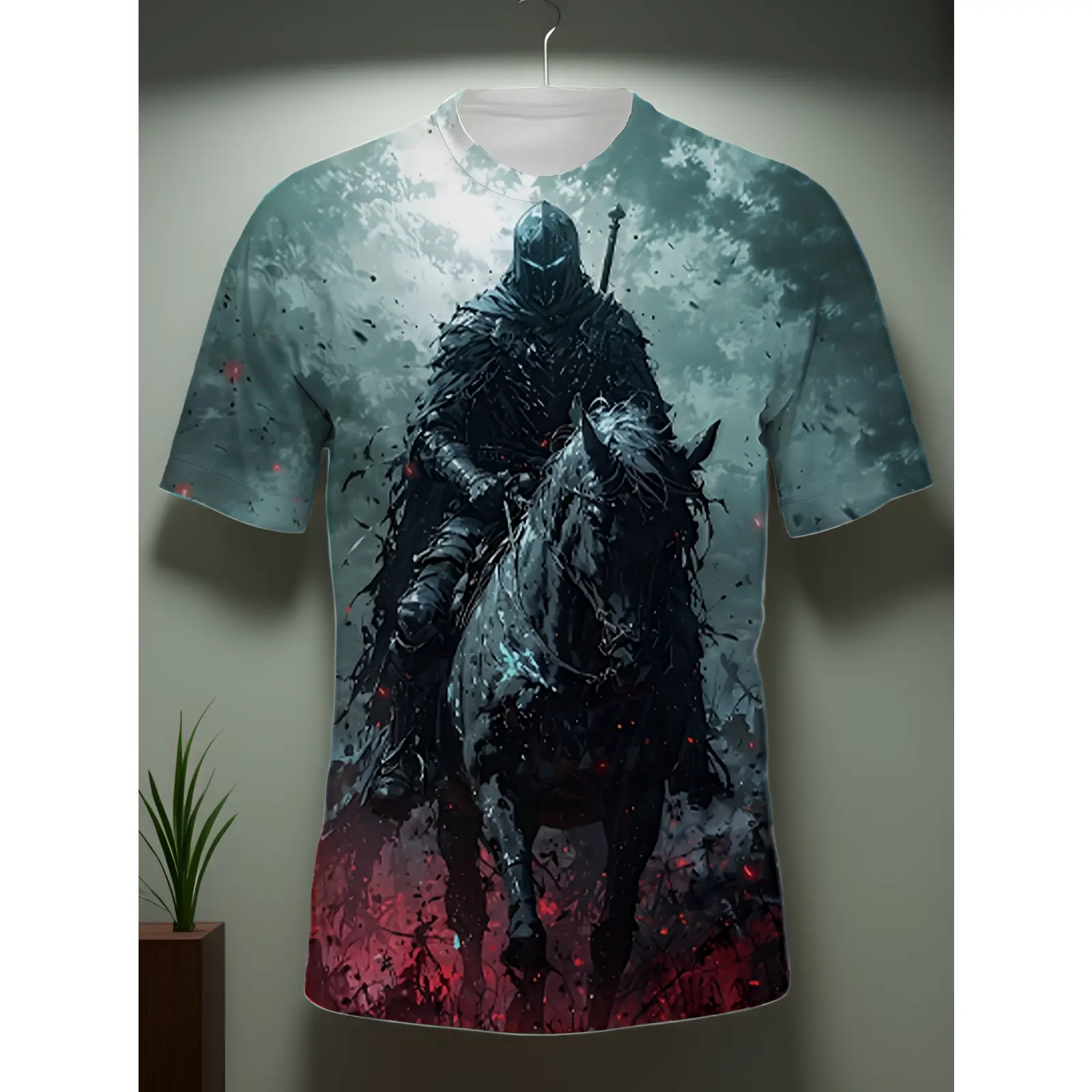 Men's Plus Size Medieval T-Shirt - 3D Armor Design Renaissance Costume Shirt with Horse Combat Print, Breathable Round Neck Short Sleeve Suitable for Renaissance Fairs, Themed Events & Role-Play, Machine Washable Casual Top, PLUS SIZE