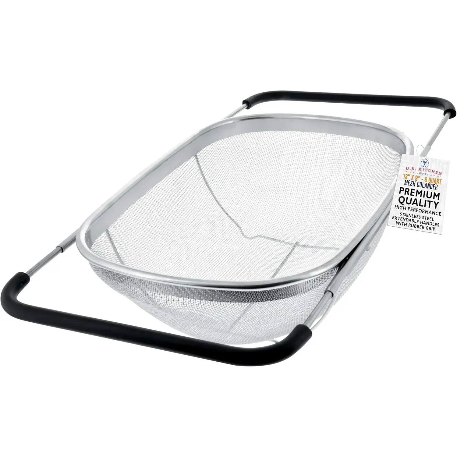 Stainless Steel Colander Strainer - 6-Quart Collapsible Colander with Expandable Rubber Handles - Rectangular Sieve, Fine Mesh Stainless Steel Strainers and Colanders for Kitchen