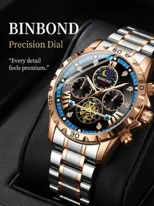 Men's Casual Analog Watch with Case, Three-Hand Timer, Moon Phase Display, Hollow Flywheel, Blue Circle Studs, Stainless Steel Band