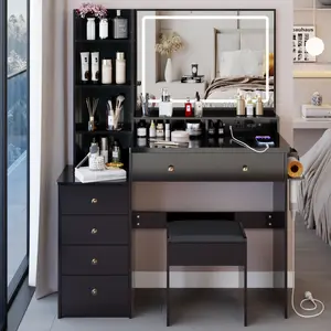 41" Large Size Left Bedside Cabinet Vanity Table+Cushioned Stool Dresser Set, 2 AC+2 USB Power Station, Hair Dryer Stand, Extra Large Touch Control LED Mirror, 3-color Switch, EPA, GCC, UL Certificate vanity  without  let vanity  with  chair