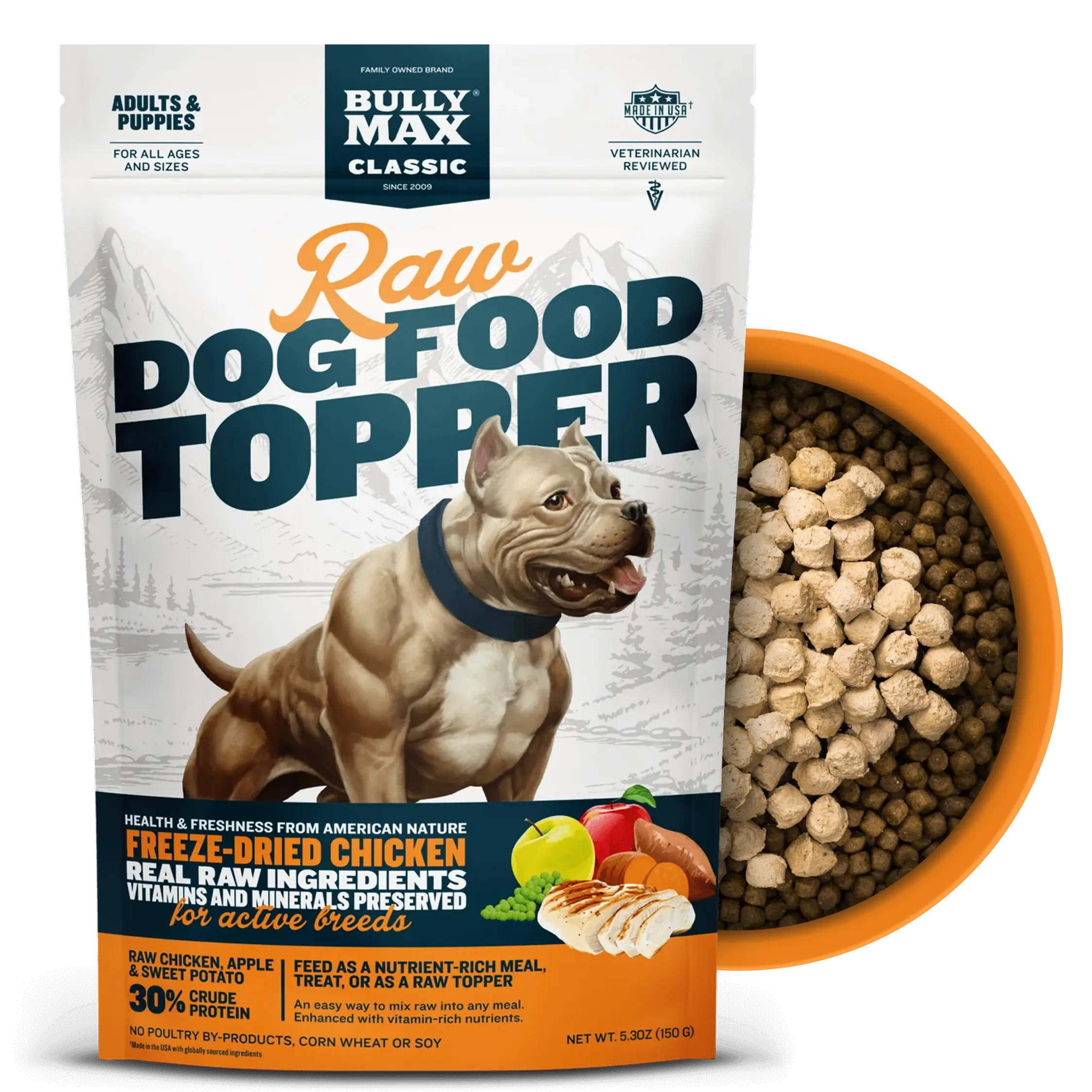 Bully Max Classic Raw Dog Food Topper Chicken Flavor High Protein Freeze-Dried Meal Enhancer with Real Chicken Chia Seeds for Lean Muscle Growth