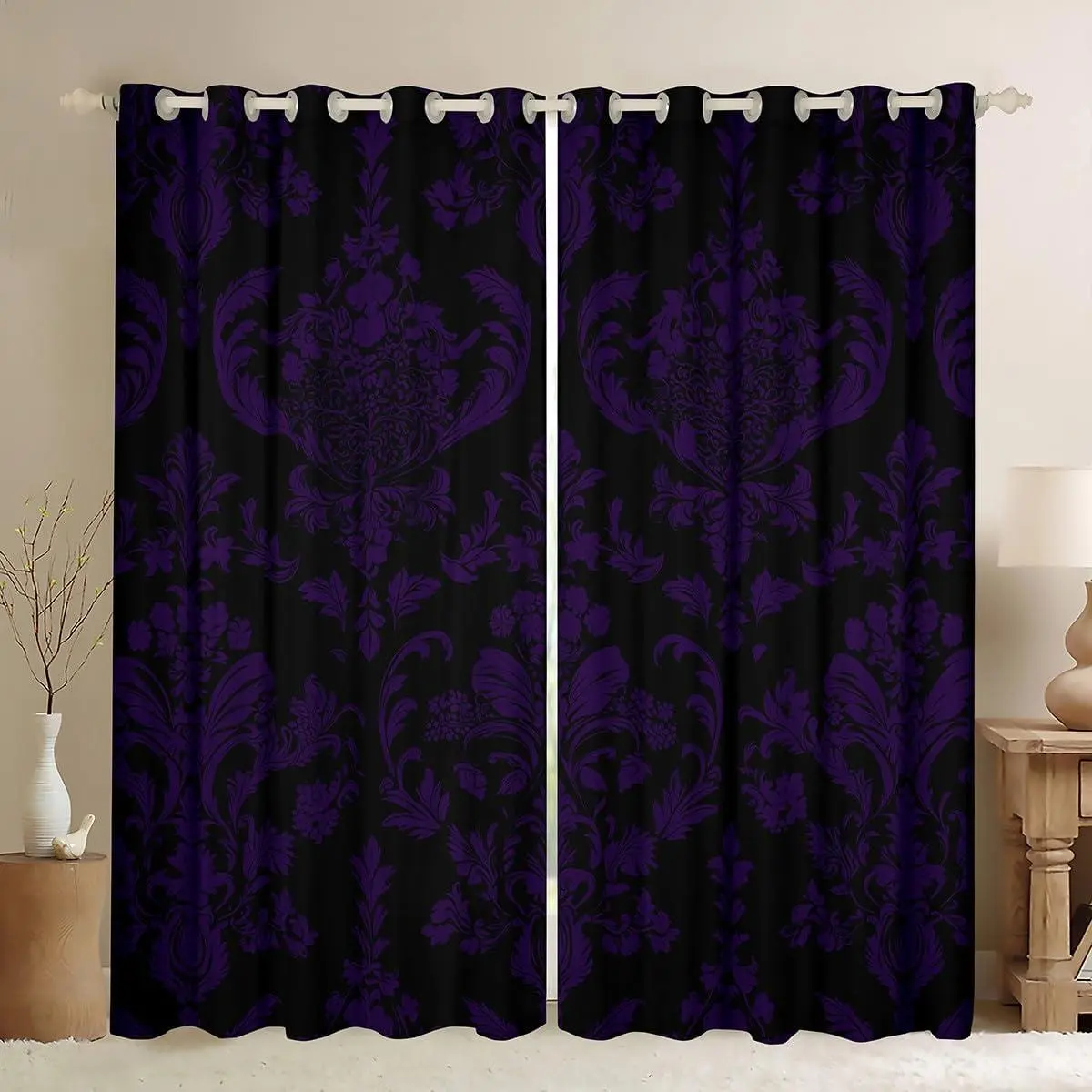 Purple Black Vintage Damask Floral Curtains Gothic Bohemia Floral Window Curtains Bedroom Living Room Oriental Antique Window Drapes 30%-50% Blackout Curtains,,2 Panels