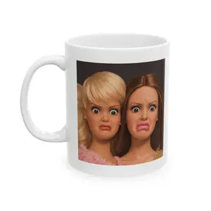Funny Disgusted Doll Faces Coffee Mug, Chaotic Barbiecore Meme Mug, Dramatic Reaction Face Mug, Relatable WTF Expression Cup, Gen Z Humor Novelty Coffee Mug Gift