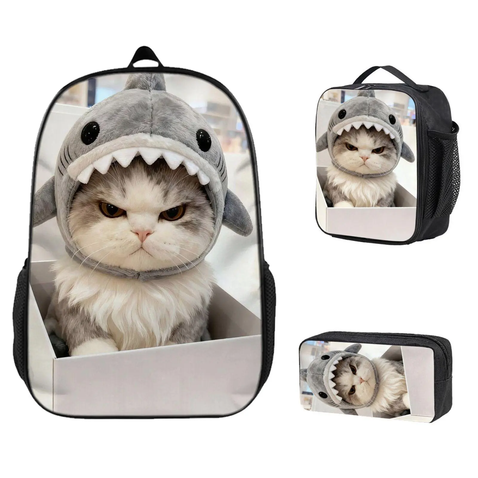 3-Piece Lightweight Casual Backpack Set - Insulated Meal Bag, Pencil Case,Cute Shark Hat, Funny Cat Costume, Pet Hoodie CapAnime gifts, children will definitely love high-quality backpacks
