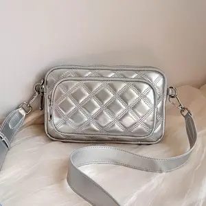 Silver Crossbody Bags for Women Trendy Metallic Quilted Purse Wide Strap Camera Bag Multi Zipper Puffer Clutch Casual Party Concert Aesthetic Gift