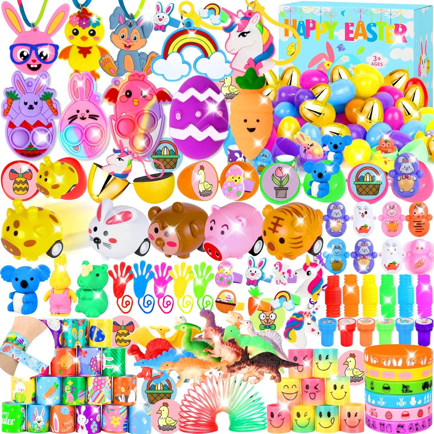 Summer Spring Gift  330 Pcs Prefilled Easter Egg Toys Set Include 110 Plastic Eggs Filled with 220 Assorted Mini Novelty Toys and Stickers for Easter Hunt Basket Stuffers, Party Favors