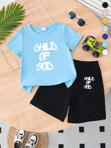 Summer Boys Short Sleeve T-Shirt with Loose Shorts Casual Set, Comfortable Child of God Design for Outdoor Play and Weekend Outings, Ideal Gift for Ages 2-7