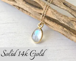 Rainbow Moonstone Necklace, Solid Gold Necklace, 14K Gold, June Birthstone