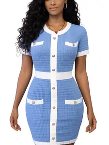 Chic Luxe Button Detail Bodycon Dress – Sky Blue & White