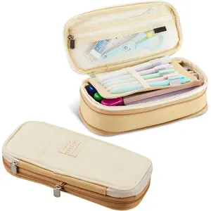 SQ-PCB035 Large Capacity Pencil Case Pouch with Zipper, Portable Aesthetic Cute Big Capacity Pencil Cases Pen Office Travel Stationery Makeup Bag, Desk Organizer for College Adults Women Men-Khaki