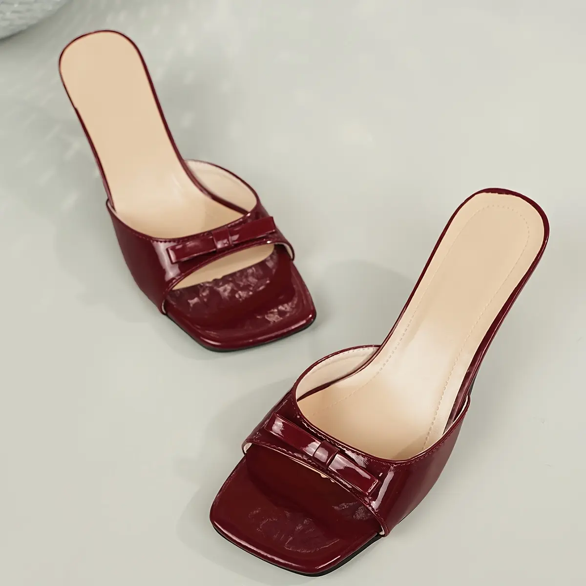 Women's Elegant Kitten Heel Pumps - Red Bowknot, Square Toe, Glossy, All-Seasons & Outdoor Accessory Footwear, Lining, Rubber Sole