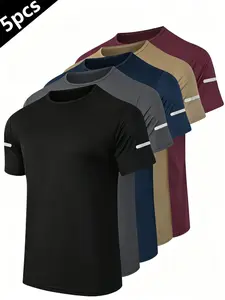 5-Pack Men's Reflective T-Shirts, Athletic Tee, Casual & Sporty Short Sleeves, Breathable Outdoor Fitness Wear, Athletic Sports Clothing, Ideal for Gym, Training, Running