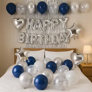 Happy Birthday Letter Balloon Set, 29pcs Blue Silver Confetti Latex Balloon Decoration, Silver Birthday Foil Balloons with Fringe Curtain