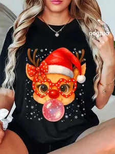 100% Cotton Cute Rudolph Red Nose Bubble Gum Christmas Xmas Girl T-Shirt