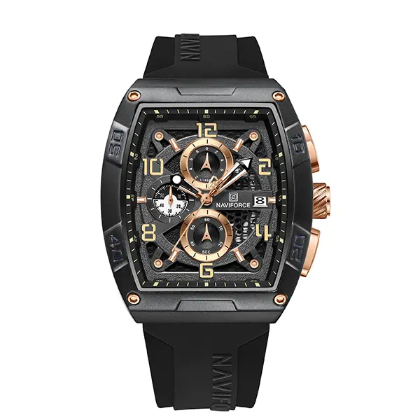 NAVIFORCE Men's Luminous Quartz Watch - 44Mm Barrel Dial, Auto Date/Week, Chronograph, Mineral Glass, Silicone, 30M-50M Waterproof Alloy Buckle Business Dress Analog Wristwatch