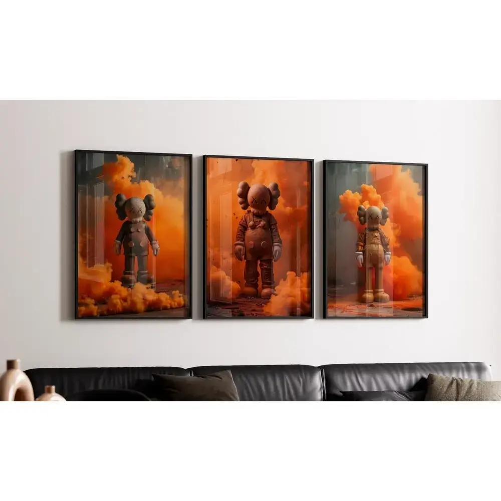 Set of 3 Orange Kaws Figure  Art pieces canvas wall home decor Portrait Gallery