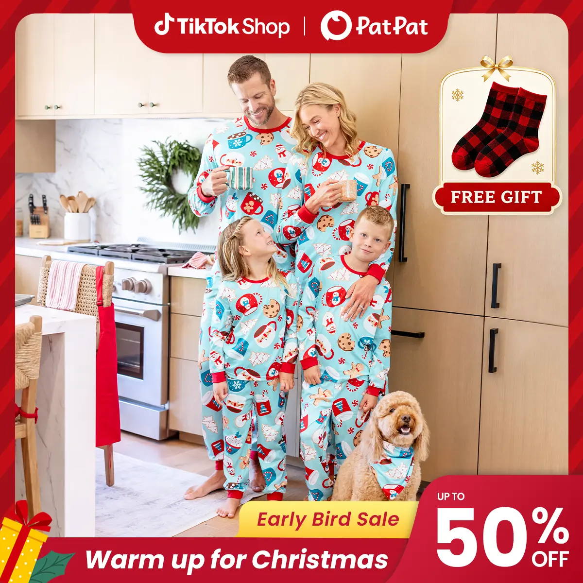 Early Bird | PatPat Mommy & Me Family Matching Christmas Pajamas with Socks Gift, Hot Cocoa & Christmas Treats Print Contrast Ribbed Cuffs Elastic Waist Set