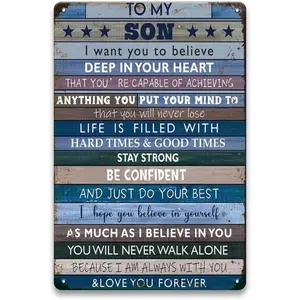 Inspirational Boys Room Decor Wall Art - To My Son Gifts From Mom Dad, Vintage Metal Sign for Teen Boy Room, Bedroom, Game Room, Little Man Cave Wall Decor, Gifts for Boys, 8 x 12 inch
