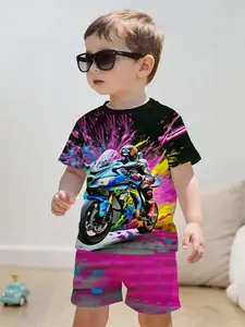 Boy Graffiti Motorcycle Graphic Short Sleeve Set, Summer Kids American Style Breathable Pajamas, Casual Sportswear, Perfect Gift for Boys