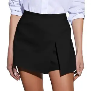 Women's Casual High Waist A-line Side Slit Asymmetrical Hem Mini Office Skorts