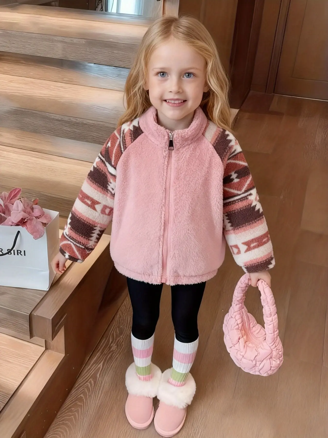 Girls' Colorblock Fleece Jacket, Ethnic Style Zipper Front Long Sleeve Winter Coat, Thickened Warm Patchwork Outerwear, Casual Cute Outerwear