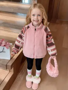 Girls' Colorblock Fleece Jacket, Ethnic Style Zipper Front Long Sleeve Winter Coat, Thickened Warm Patchwork Outerwear, Casual Cute Outerwear