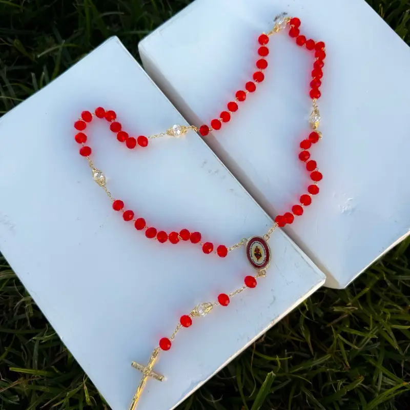 Sacred Heart of Jesus Catholic Rosary- Bright Red Faceted Crystal Beads, Elegant Religious Prayer Rosary