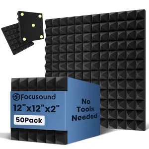 Soundproofing Focusound 6 Pyramid 50 Packs Noise Reduction Foam Panels 2" x 12" x 12" with 300PCS Double-Side Adhesive. Noise-Cancelling Foam Panels optimize sound quality for room decoration, ideal for creators, streamers, and gamers. Room Accessories.