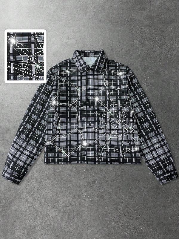 Men's Vintage Plaid Shirt with Rhinestones, Street Style Fashion, Casual Long Sleeve, Soft Comfortable Fabric, Casual Stylish Menswear