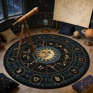 Twelve Zodiac Pattern Carpet, Round Soft Non-Slip Decorative Area Rug, Vintage Astrology Design, Easy Clean, Home Decor