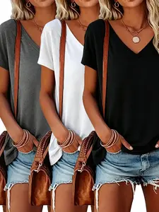 Three-Pack Basic V-Neck Short Sleeve T-Shirts for Women, Loose Fit Casual Top, Comfortable All Seasons Wear, Summer