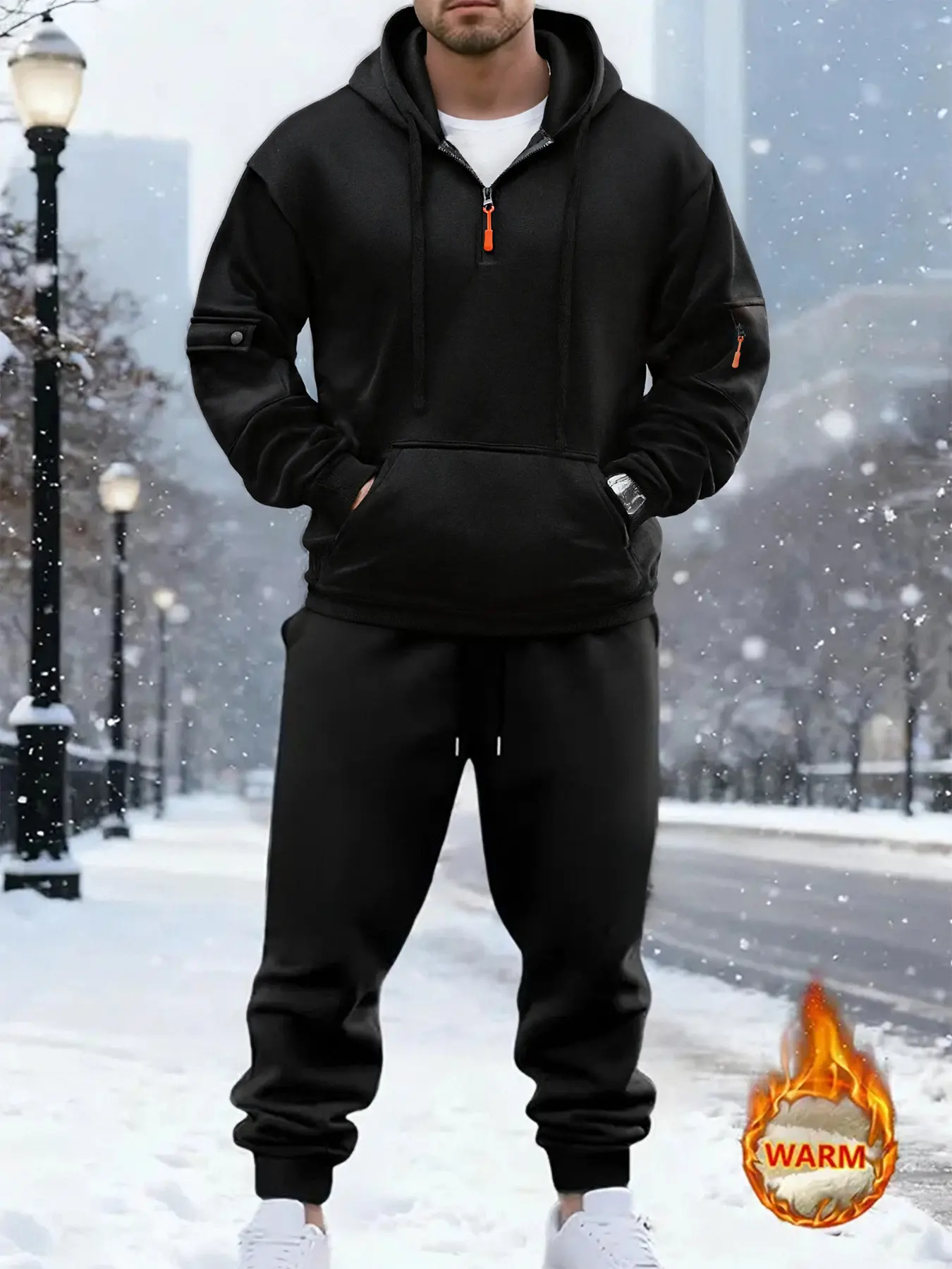 Men's Fleece Lined Hooded Zipper Sweatshirt Set, Streetwear Tracksuit Set, Thick Winter Sports Clothing, Unisex Comfortable Basic Jogger Suit