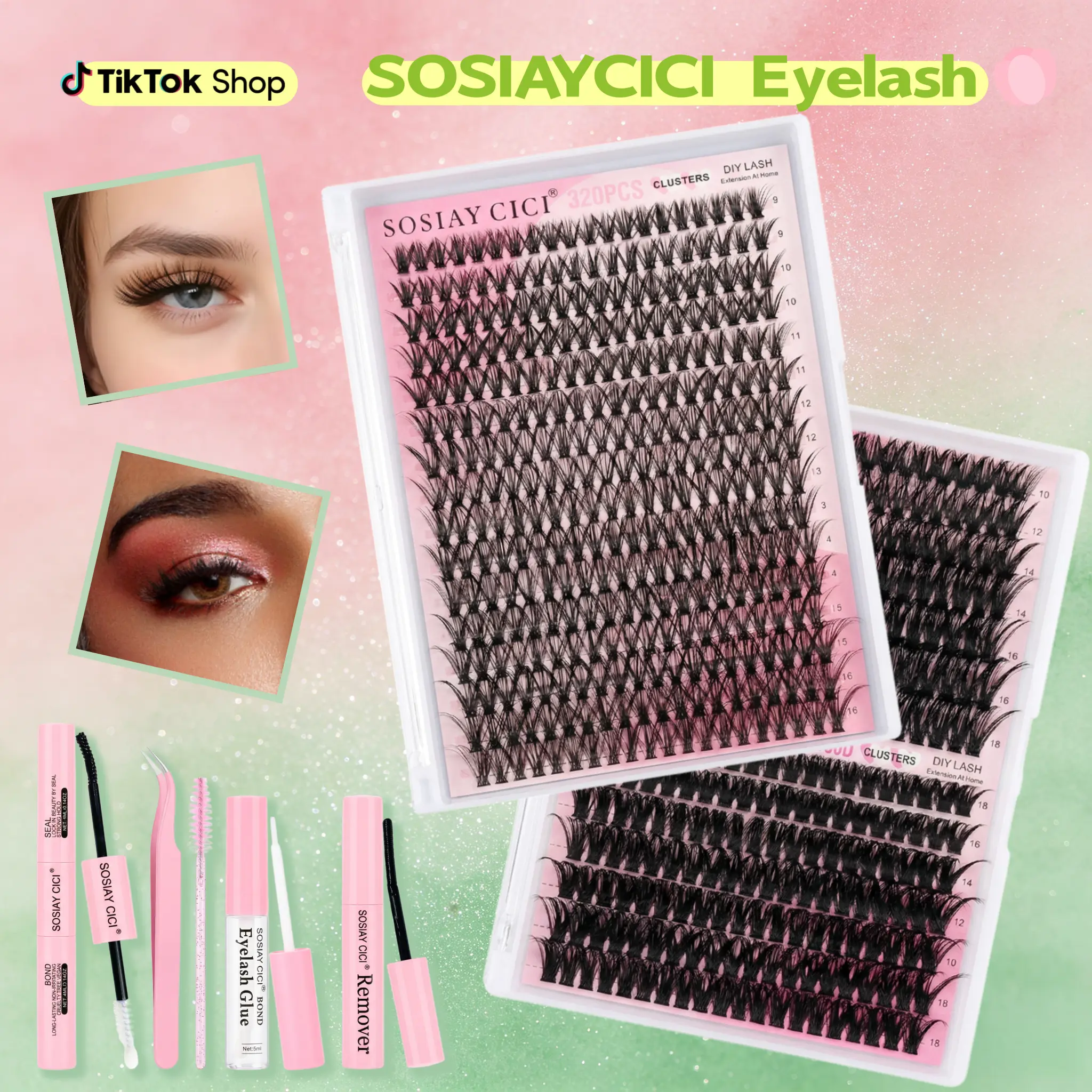 DIY Lash Extension Kit 320Pcs,9-16mm 40D Individual Lashes Clusters Kit,Lash Bond &Seal,Lash Remover For Eyelashes Extensions,Lash Applicator Tool For False Eyelash Cluster Kit At Home(40D,D-Mix9-16mm Kit)
