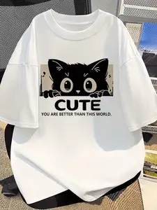 Adorable Cat Print Crop T-Shirt, Soft and Cozy Short Sleeve Top, Casual Slim-Fit H-Type Design, Perfect for Daily Wear