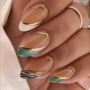 CurvLife Golden Edge Press On Nails – Elegant almond shape with unique design featuring green gradient, white tips, zebra pattern and shimmering gold accents, stylish and bold, easy to apply and long lasting, perfect for parties, fashion looks