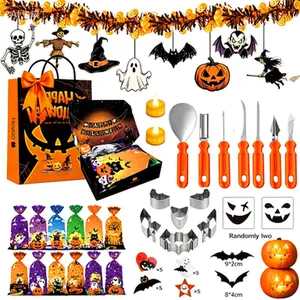 Pumpkin Carving Kit for Kids, 7 Easy Halloween Pumpkin Carving Tools Set, 2 LED Candles, 10 Carving Stencils & 20 Halloween Cellophane Candy Bags