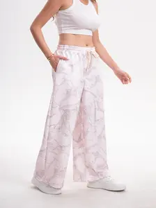 Women's Loose Camouflage Jogging Pants, Low-Rise Wide Leg Drawstring Design, Soft Pink, Comfortable Loungewear, Yoga Pants