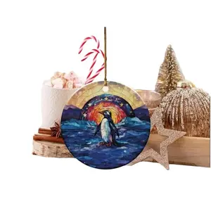 Colorful Ceramic Penguin Ornament with Sunburst Night Sky Design, Perfect Home Decor Gift