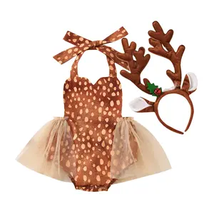 Baby Girls Christmas Deer Costume Romper Tutu Dress with Antlers Headband Newborn Xmas Reindeer Cosplay Outfit Sets