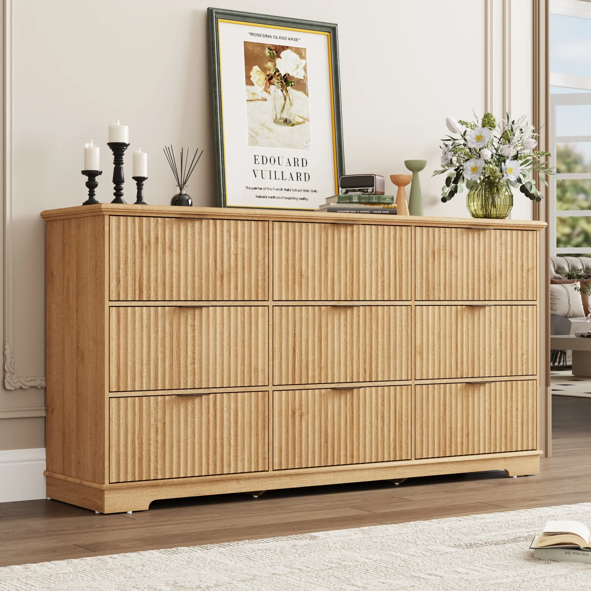 Fluted Dresser for Bedroom, Wood Dresser with Power Outlet and Deep Drawers, Wide Chest of Drawers, Modern Closet Dressers for Bedroom, Living Room, Nursery, Oak/Brown